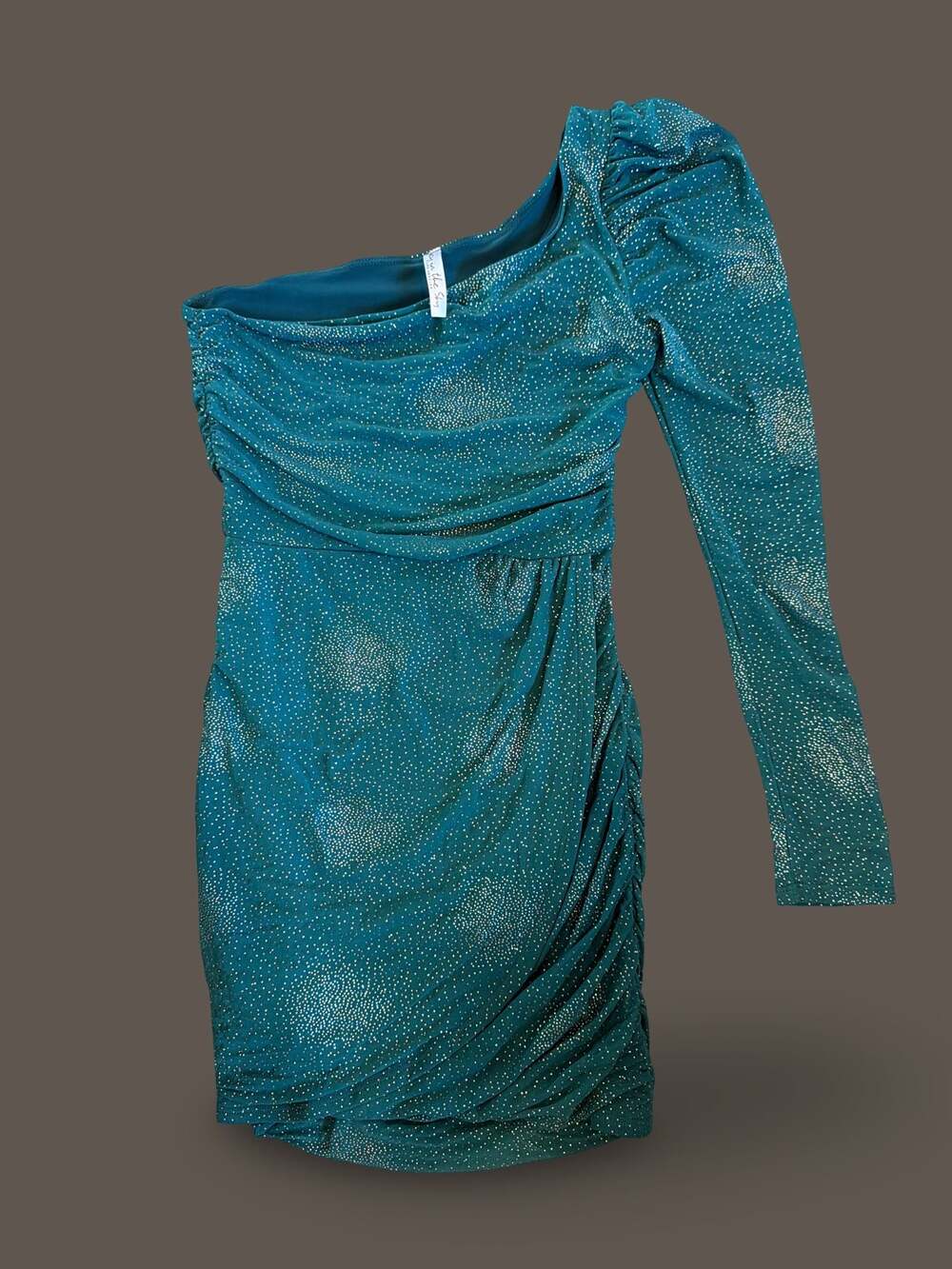 Lucy in the Sky Teal Sparkly One Shoulder Long Sleeve Ruched Mini Dress